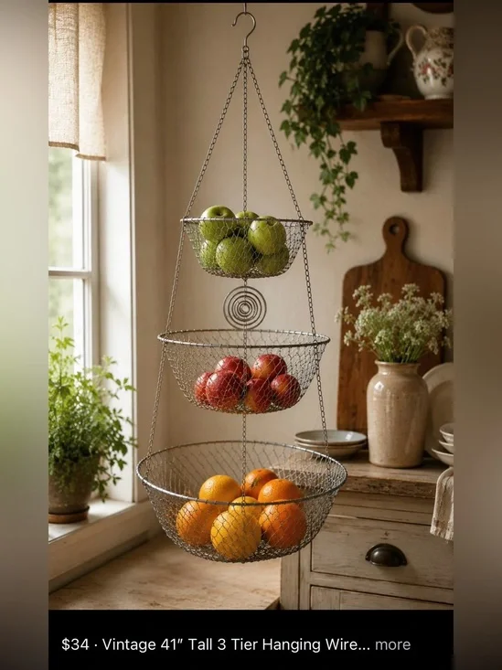 Three-Tier Hanging Wire Fruit Basket - Silver