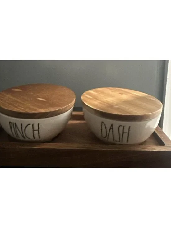 Rae Dunn Set Ceramic PINCH and DASH Containers Wood Lids EUC