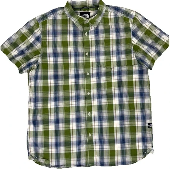 The North Face Shirt Men's L Green Blue Plaid Short Sleeve Button Up Casual