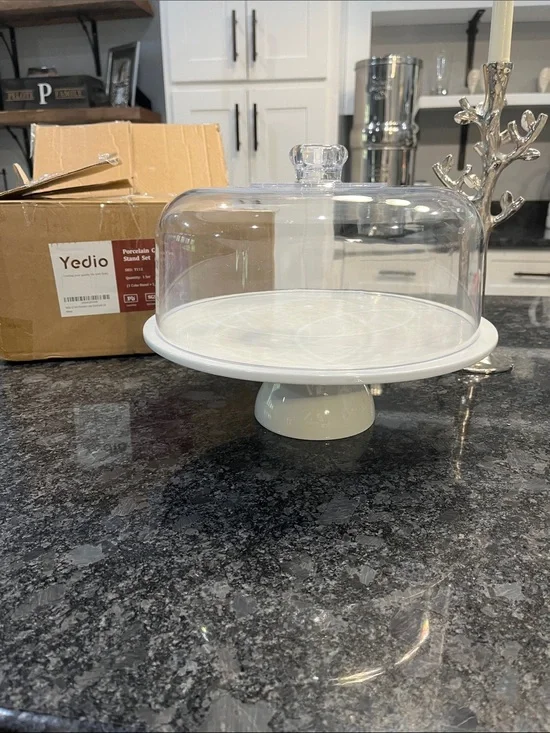 Yedio Porcelain Cake Stand with Dome Set- White