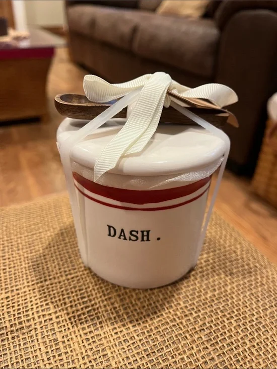 Rae Dunn White Ceramic Jar with Cream Ribbon and Wooden Spoon