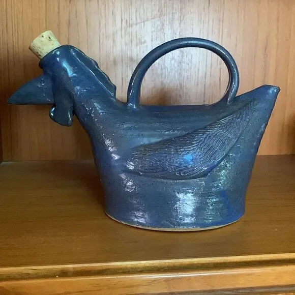 Hand Crafted Clay Oil Dispenser Rooster Blue Pottery