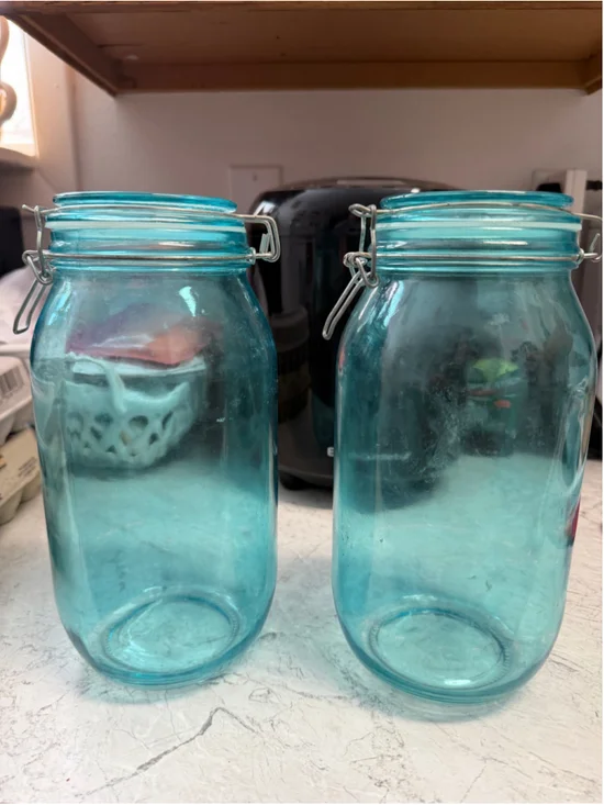 Vintage Aqua Blue Glass Clamp Lid Storage Jars Set of 2 Bail Top Canisters Farmh