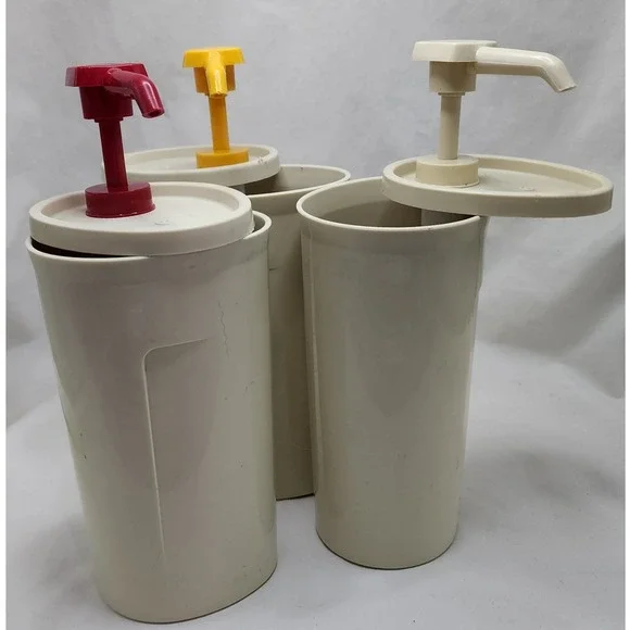 Vintage Tupperware Condiment Pump Dispensers Set of 3 Almond Red Yellow 640-21