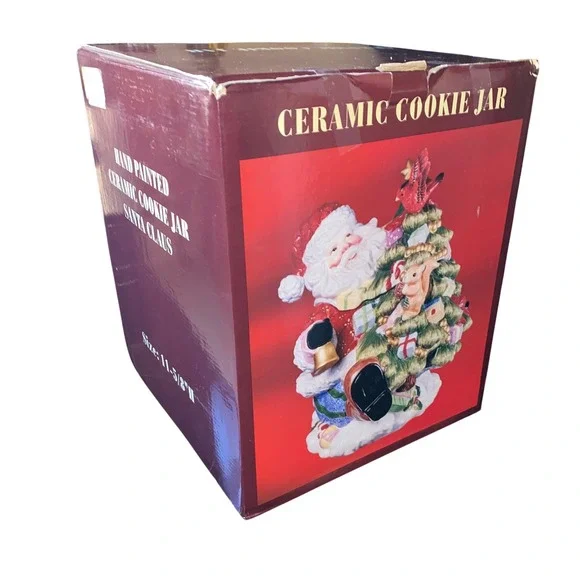 Hand Painted Ceramic Cookie Jar Santa Claus Christmas Tree Gifts Squirrel Cardin