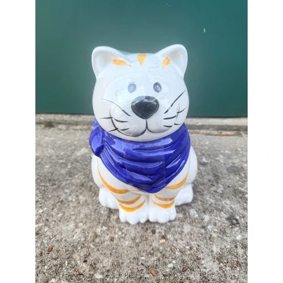 Vintage Style Ceramic White Orange Striped Cat Cookie Jar Blue Scarf 10‎ Inch