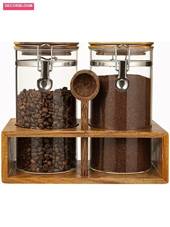 Glass Coffee Canister Set with Wooden Shelf, Airtight Lids, 2x45oz