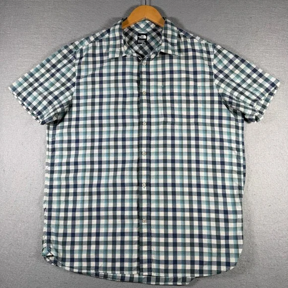 The North Face Mens XL‎ Blue Gingham Plaid Short Sleeve Nylon Shirt NF0A2UMR S17