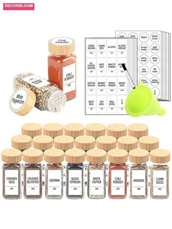 24 Glass Spice Jars with Bamboo Lids & Shaker Lids, 4 oz