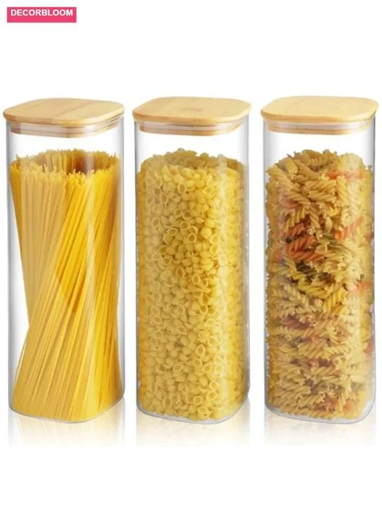 3-Pack Glass Airtight Food Storage Jar Set with Bamboo Lids for Pasta, Flour,