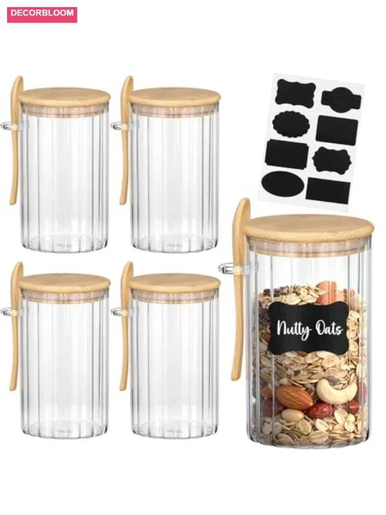 4 Glass Airtight Canisters with Bamboo Lids Spoons Labels 25 oz Each