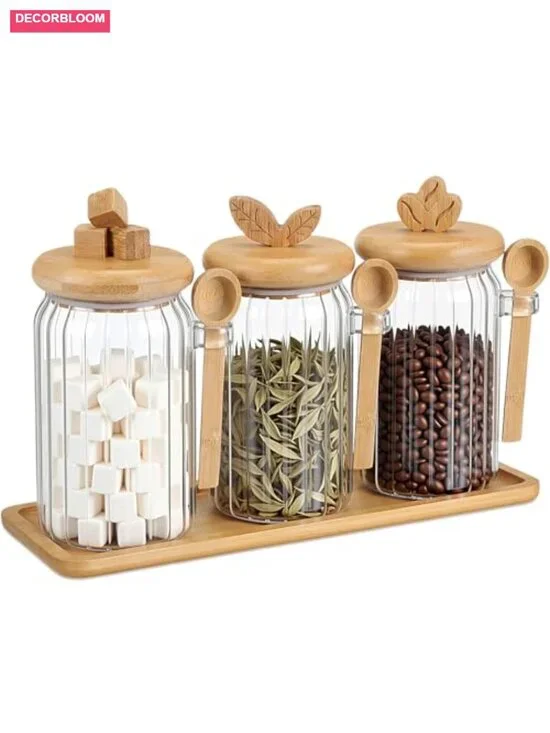 3-Piece Airtight Glass Food Storage Jar Set with Bamboo Color Lid & Spoon