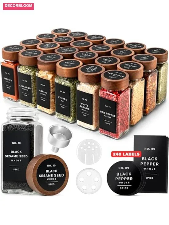 Square Spice Jars with Acacia Wooden Lids - Pack of 24 with Shaker Insert