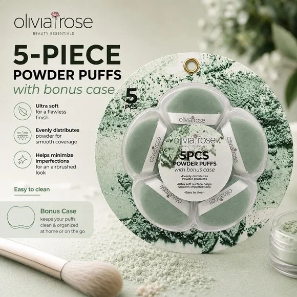 Olivia‎ Rose Beauty Essentials 5 Piece Powder Puff Set with Bonus Case Green New