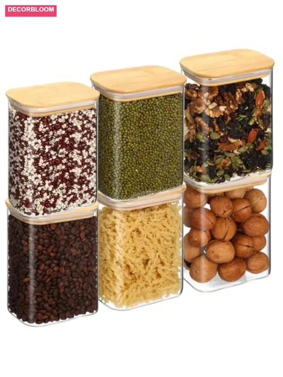 6 Pcs 37 oz Rectangle Glass Jars with Bamboo Lids Airtight Food Storage