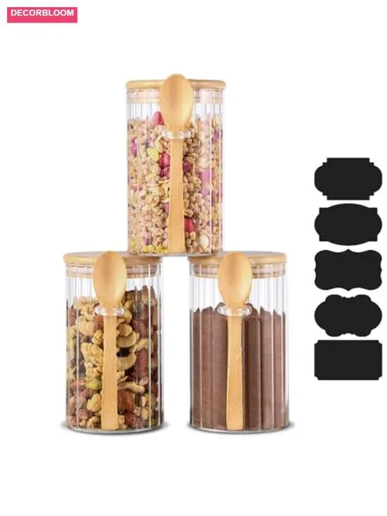 3-Pack Airtight Glass Jars with Bamboo Lids & Spoons, 25 oz