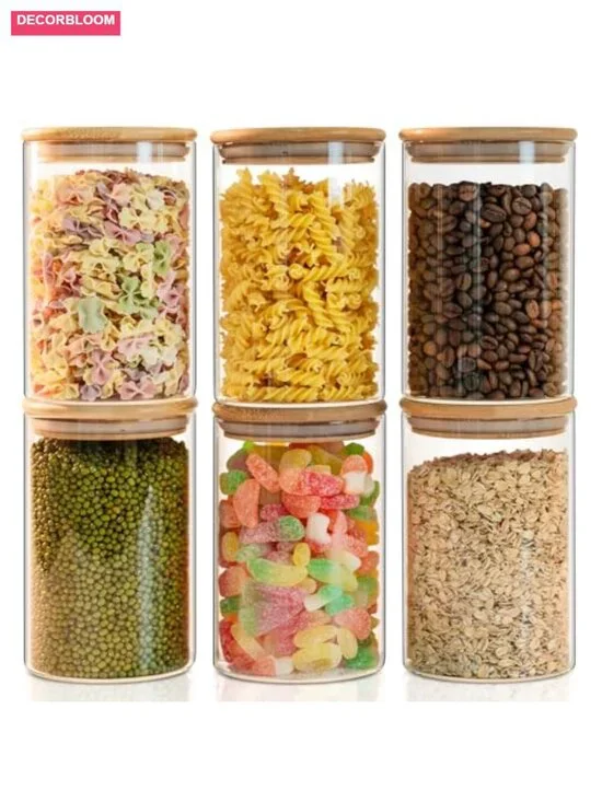 Glass Food Storage Jars 6-Pack 37oz - Airtight Bamboo Lid for Dry Goods