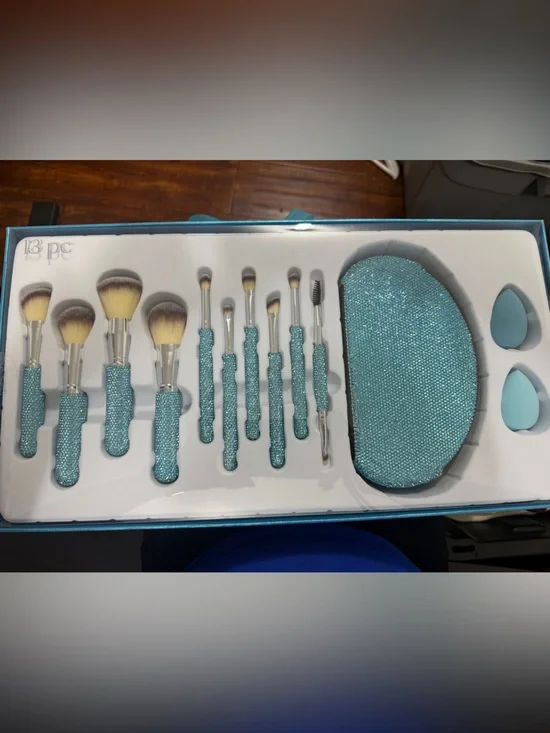 Glitz & Glam blue rhinestone cosmetic brush set 13 pieces