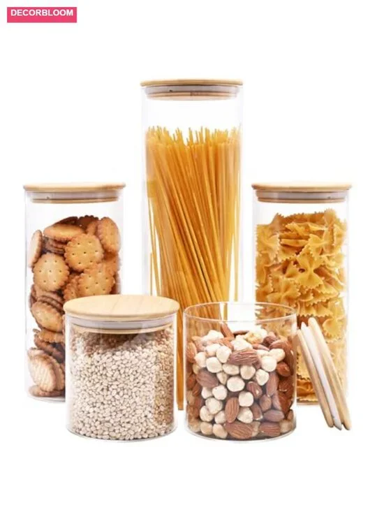 Set of 5 Glass Food Storage Jars with Bamboo Lids Airtight Kitchen Canisters