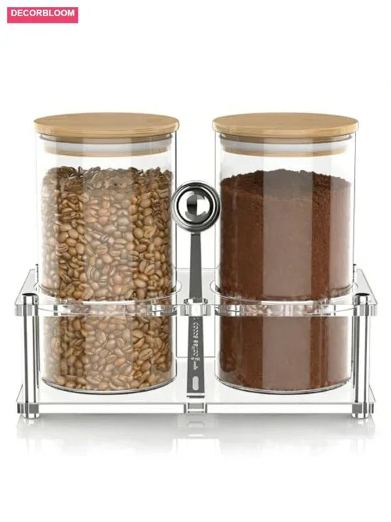 Glass Coffee Canister Set with Acrylic Shelf, 2-Pack 44oz Airtight Storage,