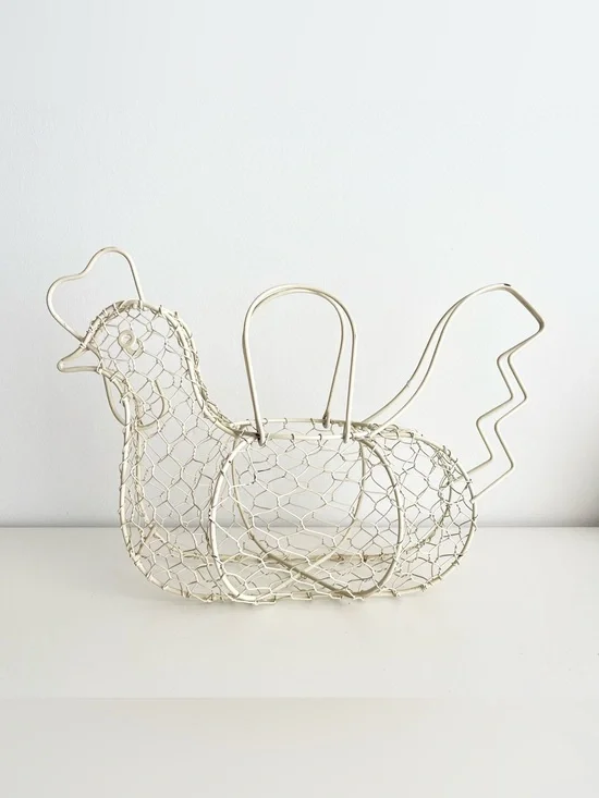 Vintage Chicken Metal Wire Egg Basket Ivory Farmhouse Chic Rustic Handles 14