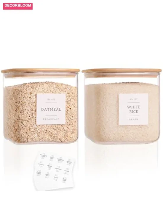 2 PK 85oz Glass Square Food Storage Jars with Bamboo Lids & Labels Airtight