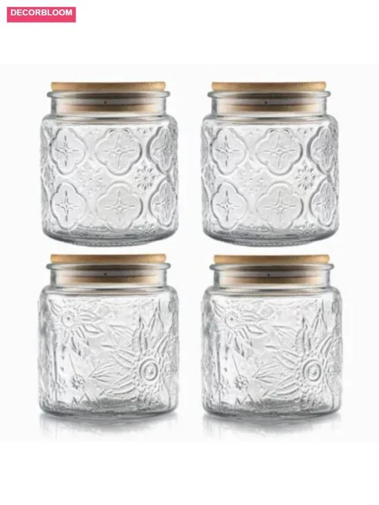 Set of 4 Vintage Glass Airtight Storage Jars with Bamboo Lids, 17 oz each