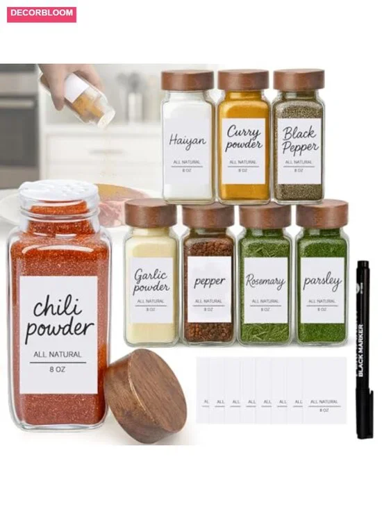 8oz 8-Pack Glass Spice Jars with Bamboo Lids, Labels & Pen for Kitchen Storage