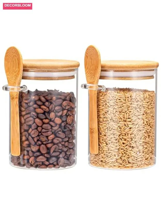Airtight Glass Food Storage Canisters with Bamboo Lids and Spoons, 20 oz Set of