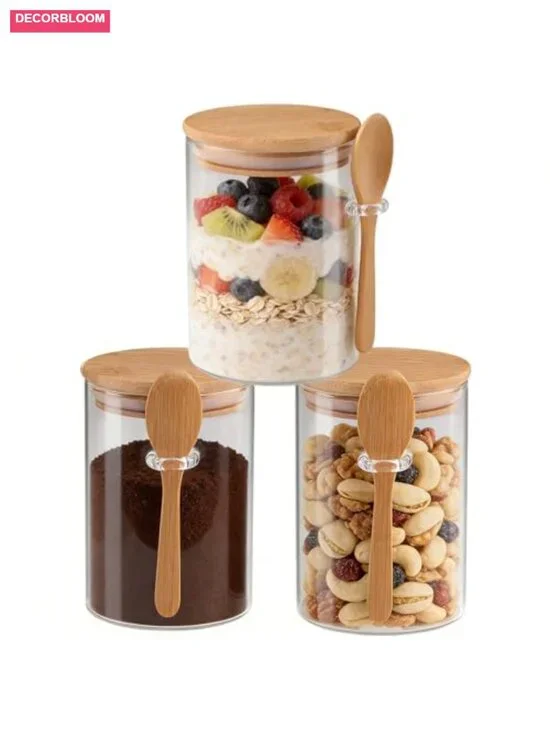 Set of 3 Airtight Glass Jars with Bamboo Lids and Spoons - 20oz Borosilicate
