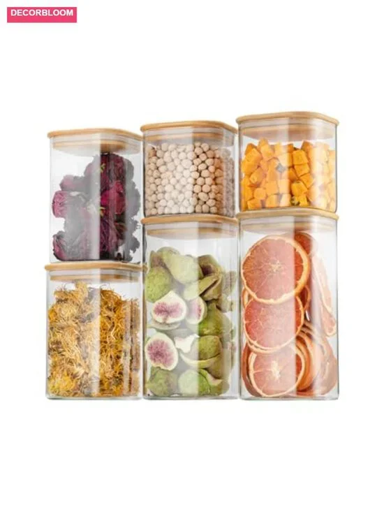 Airtight Glass Square Storage Containers with Bamboo Lid Set of 6 Stackable Jars