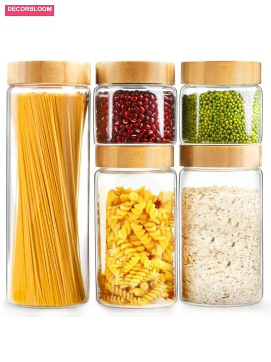 Airtight Glass Storage Jar Set with Bamboo Lids, 5-Piece Canisters for Kitchen