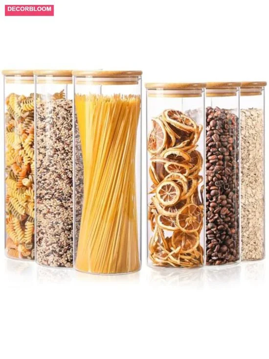 Glass Food Storage Jars Set of 6, Airtight Bamboo Lids, Pantry Organization