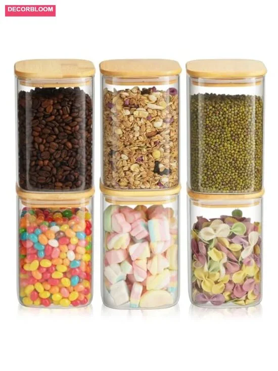 6 Pack Glass Pantry Storage Jars 37oz Airtight Square Canisters with Bamboo