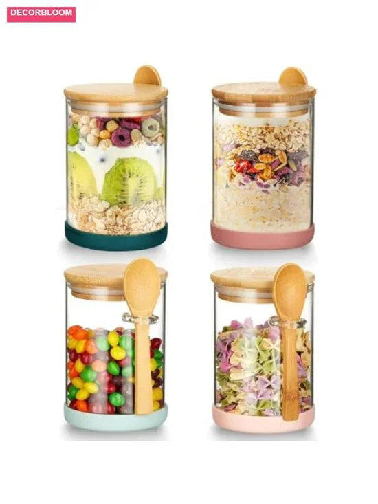 Set of 4 Airtight Glass Jars with Bamboo Lids & Spoons, Food Storage Canisters