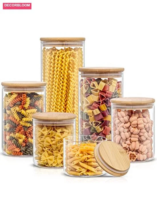6 Borosilicate Glass Jars with Bamboo Lids Airtight Kitchen Storage