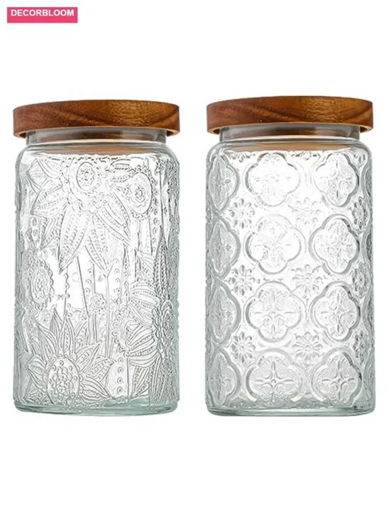 Glass Storage Jar with Airtight Bamboo Wooden Lids, 34 oz Set of 2