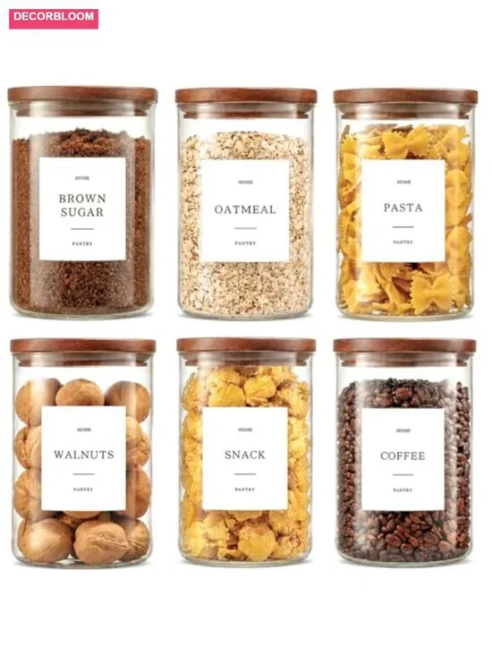 Set of 6 Glass Pantry Jars with Acacia Wood Lids, 32oz Airtight Storage, Labels