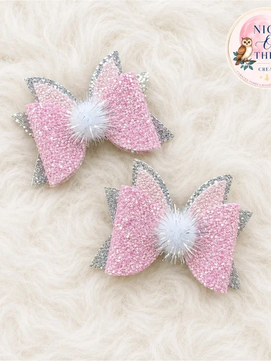 Sparkling Pink Bow Hair Clips with Silver Glitter ~ Kawaii Stlye Cute Kids