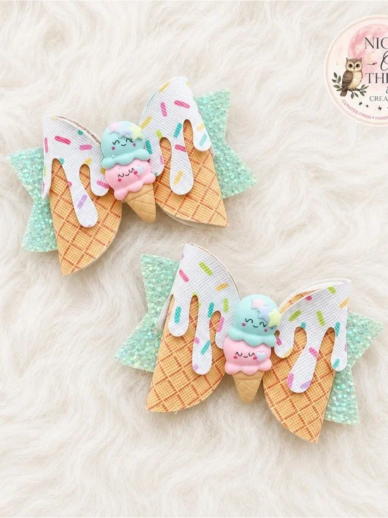 Kawaii Ice Cream Hair Bow Clips - Glitter Mint, Pink, Cream ~ Back to School