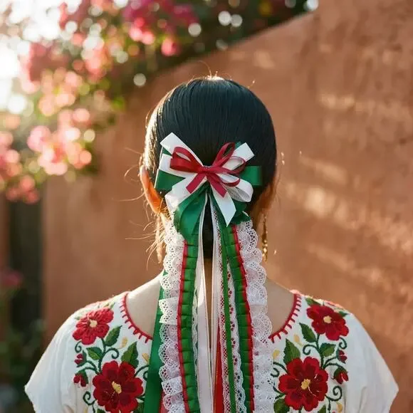 Mexican hair clip tri color lace and ribbon red green and white