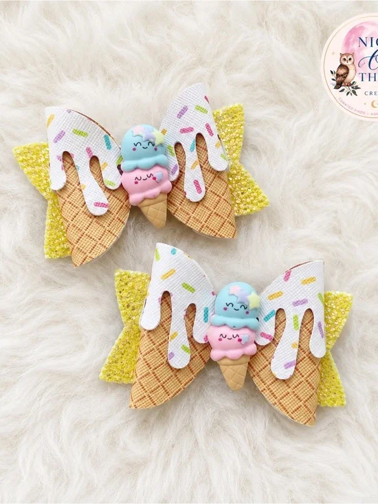 Kawaii HairBows ~ Glitter Ice Cream Cone Layered Hair Clips ~ Back to School