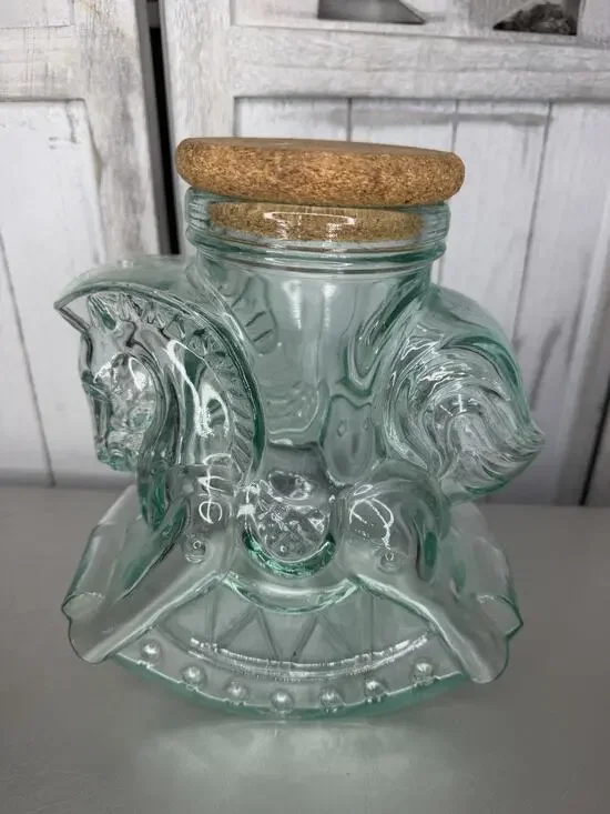 VTG Glass Rocking Horse Jar Canister Cork Lid Made in Italy Blue Green Glass