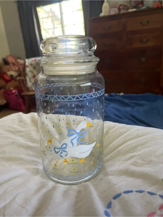Vintage Clear Glass Jar with White Goose Motif
