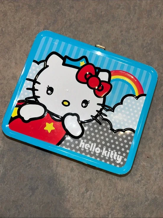 Hello Kitty Bright Blue Tin Case with Red Bow and Rainbow