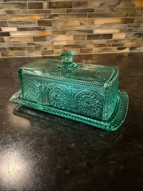 The Pioneer Woman Adeline Teal Glass Butter Dish Embossed Vintage Style