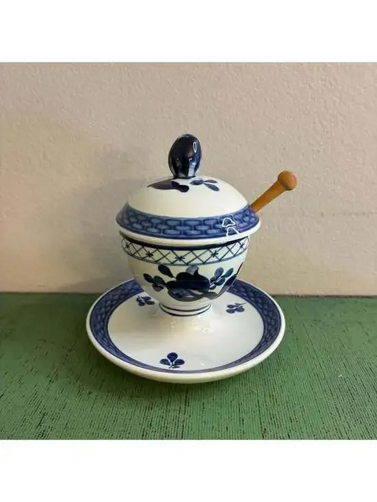 Royal Copenhagen Blue Tranquebar Mustard Jar 11/1010 Spoon Denmark Complete