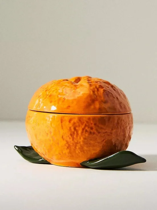 Anthropologie Valencia Stoneware Orange Citrus Canister Hand painted Decor