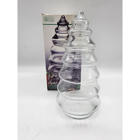 Anchor Hocking Crystal Christmas Tree Glass Apothecary Candy Jar w/ Lid Vintage