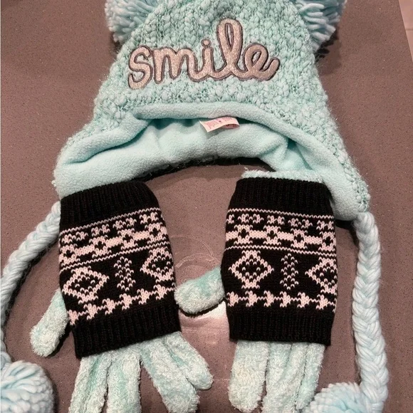 Justice kids Blue and Black Winter Hat and Gloves Set